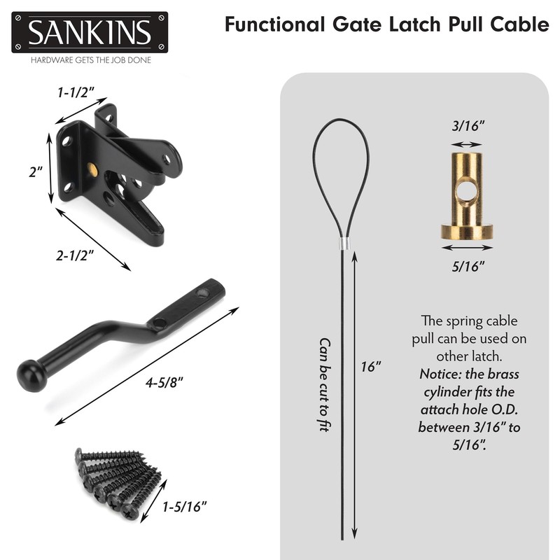 SANKINS Self-Locking Gate Latch with Spring Cable Pull for Wooden