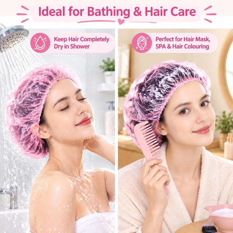 50Pcs Disposable Shower Caps, Waterproof Plastic Bath Hair Caps (Pink)