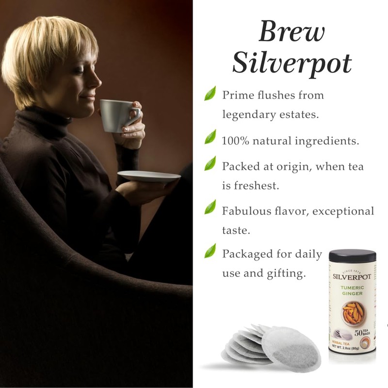 Silverpot Tumeric & Ginger, 50 Round Tea Bags, Tin |