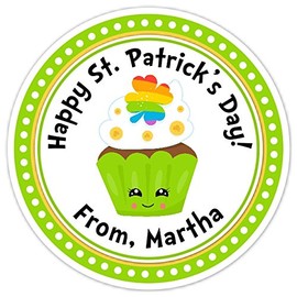 Happy St Patrick's Day Stickers, Cute Cupcake with Rainbow Four Leaf Clover, 2.5 inch round (36 count)
