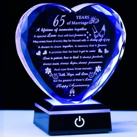 Happy 65th Wedding Anniversary Crystal Gifts for Couples Parents with Light Base, Romantic Heart 65th Anniversary Keepsake Gifts for Her Him, 65 Years of Marriage Gift for Wife Husband