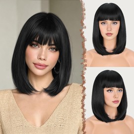 FESHFEN Black Short Bob Wigs with Fringe for Women Straight Medium Length Synthetic Wigs Hair for Carnival Cosplay Wigs with Bangs Daily Party Wig 35 cm