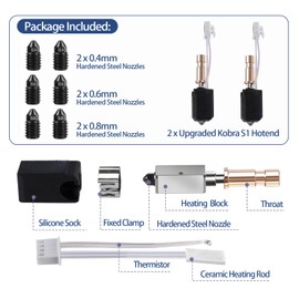 IdeaFormer-3D 8Pcs Upgraded 24V 48W Kobra S1 Hotend Kit, 2Pcs 0.4mm/0.6mm/0.8mm Hardened Steel Nozzles Print Head Extruder Hotend 200K Heating Rod Thermistor for Anycubic Kobra S1, Kobra S1 Combo