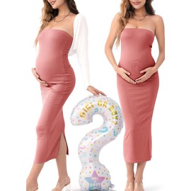 Rnxrbb 2 Piece Maternity Dress Shrug Baby Shower Wedding Guest Bodycon Tube Cardigan Photoshoot Gender Reveal,Rosybrown M
