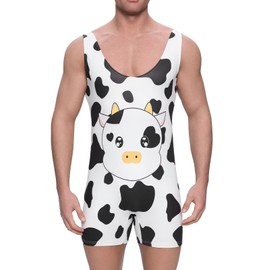 Landofgenie Onesie Men's Bodysuit for Men Bodysuit Men's Onesie with Sleeveless Pyjamas with Cow Pattern, black, XXL