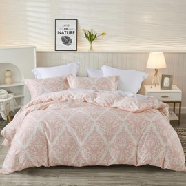 Uniclinens Damask Duvet Cover Queen - Pink and Beige Duvet Cover Set, 100% Cotton Queen Size Set with Zipper Closure and 8 Ties, 1 Duvet Cover (90”x 90”) & 2 Pillow Shams (20“x 26”)