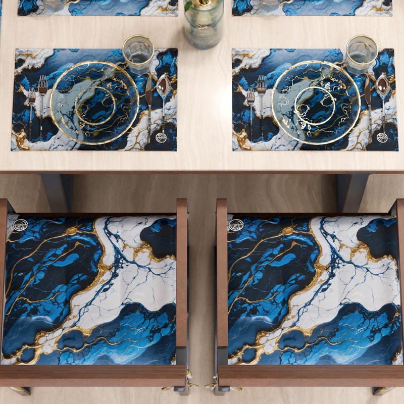 MARBLELIZED - Washable American Placemats, Blue Marble Effect Fabric Placemats,