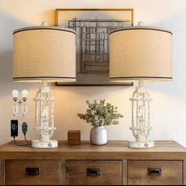 G-SAFAVA 23.75'' Table Lamps Set of 2 for Living Room Bedroom Industrial Farmhouse Metal Touch Lamps with USB A+C Ports, Night Light Vintage Nightstand Bedside Lamp, Bulbs Included, White