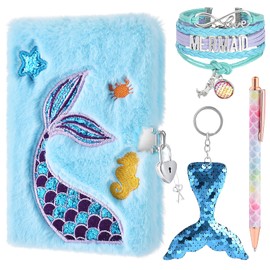 Plush Mermaid Notebook Set - Glitter Diary for Kids Embroidery Patterns Journal School Travel Notepad Ballpoint Pens Key Rings Bracelets Locks Keys