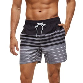 FREDRM Mens Swim Trunks Quick Dry Boardshorts with Mesh Lining Above Knee Swimwear Bathing Suits (Black Stripe, XL)