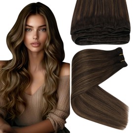 Sunny Hair Weft Hair Extensions Human Hair Sew in Hair Extensions Human Hair Straight Hair Extensions for Women Real Human Hair 18inch Dark Brown Balayage Medium Blonde