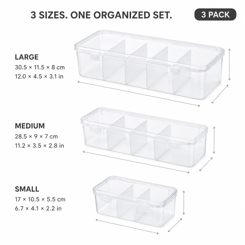 3-Pack Transparent Cable Organizer Storage Boxes with Lids and Dividers