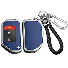 SANRILY PU Leather 2/3/4 Button Flip Key Fob Cover Case Fit for Jeep 2020 2021 Gladiator JT Sahara JLU 2018-2021 Wrangler JL JLU Rubicon Keyless Key Holder with Keychain Silver-blue