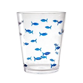 KLIFA- CHARLESTON- 16.5 oz, Set of 6, Acrylic Fishing Tumbler, School of Fish Drinking Glasses, BPA-Free, Stackable Plastic Drinkware, Dishwasher Safe Cups, Clear with Dark Blue Printing