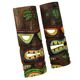 Things2Die4 12 Inch Wood Hand Carved Tiki Mask Wall Art Palm Tree and Turtle Tropical Beach Home Decor Set of 2