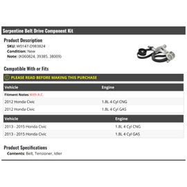 Marketplace Auto Parts Serpentine Belt Drive Component Kit - Belt, Tensioner, Idler - Compatible with 2012-2015 Honda Civic (with AC)