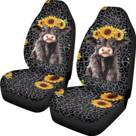 Quelytytrip Black Leopard Cattle Sunflower Print Car Seat Cover for Women,Universal Front Seats Covers Fit for Most Cars,SUVs,Sedans,Trucks or Van