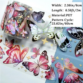 HACRAHO Butterfly Washi Tape Stickers, 2 Rolls Transparent PET Tape Decorative Masking Tape Stickers Wide Butterfly Scrapbooking Tape for DIY Craft