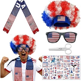 USA Soccer Fan Scarf Set 4-Pack - Patriotic Afro Wig, Sunglasses & Temporary Tattoos, Watch Party Costume Accessories Kit