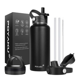 Water Bottle Insulated 32oz 40oz 64oz 128oz Straw Lid Spout Lid & 3 Lids, Leak Proof, Vacuum Insulated,Stainless Steel Water Bottle Wide Mouth for Sports, Gym or Office (Magic Black, 32 oz)