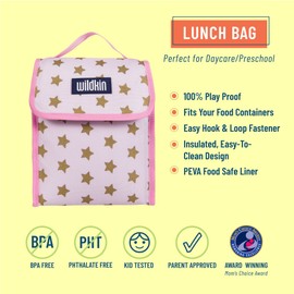 Wildkin Kids Insulated Lunch Bag – Reusable, Ideal for Hot/Cold Snacks, School & Travel - Pink and Gold Stars