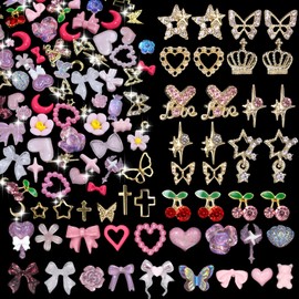 Butterfly Flower 3D Nail Charms, 630 Pcs Assorted Alloy Butterfly Heart Crown Star Dangle Nail Gems Charms, Flower Bow Pearls Acrylic Nail Art Charms, Rivet Nails Art Charms for Nail Design DIY