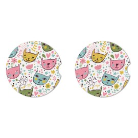 Abstract Cute cat Absorbent Car Cup Coasters,Cup Holders,Cork Base Drink Coasters with Finger Notch for Easy Move of Car Cup Holder for Women Men 2.6"(2 Pieces)