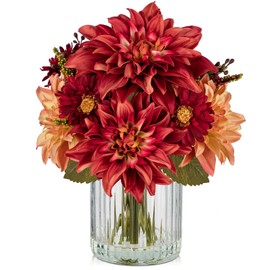 Briful Fake Fall Flowers with Vase, Artificial Fall Dahlia & Mum Silk Floral Arrangement with Glass Vase Faux Autumn Flowers Bouquet for Home Office Room Coffee Table Centerpiece Wedding Decoration