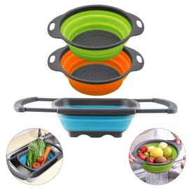 QiMH Collapsible Colander Set of 3-2 PC 4 Quart and 1 PC 6 Quart Over the Sink Colander - Food-Grade Sturdy Plastic Base - Round Space-save Silicone Kitchen Foldable Food Strainer