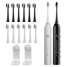 MAXWISDOM Electric Toothbrush 2 Pack - Electric Toothbrush for Adults with 10 Replacement Brush Heads, 2 Toothbrush Holders, 6 Modes, Smart Timer, 2 Hours Charge for 60 Days (Black & White)