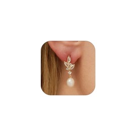 Decholly Gold Pearl Earrings for Women, 14K Real Gold Plated Freshwater Pearl Dangle Earrings Dainty Bridal Earring Wedding Jewelry Bridesmaid Gifts for Women