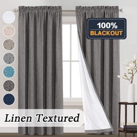 100% Blackout Curtains Primitive Linen Textured Curtain Drapes for Bedroom Full Light Blocking Window Curtains Draperies for Living Burlap Fabric Soft with White Liner (52 x 95 Inch, Grey)