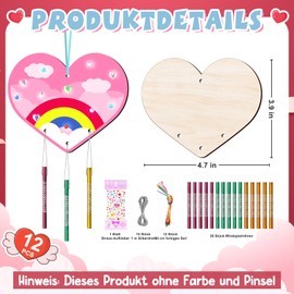 12 Stück Herz Windspiel Bastelset Windspiel Bastelset Kinder Holzhandwerk zum Valentinstag Kreative Holz Klangspiel Basteln Bemalen Holz für Mädchen Junge