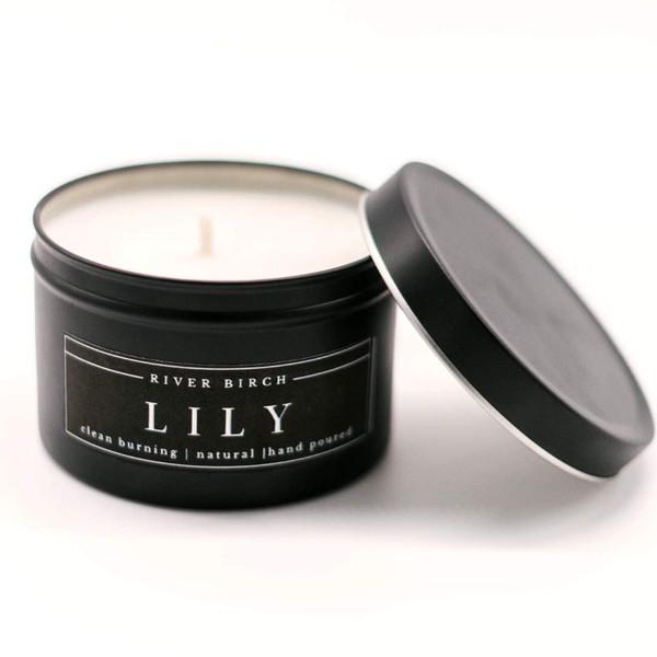 River Birch Candles Lily Scented Candle | Premium, All-Natural, Non-Toxic, Soy Candles | 8 oz. Black Matte Tin Travel Candle | Cozy Relaxing Gifts for Home