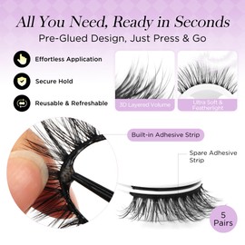 BEYELIAN Self Adhesive Eyelashes Pre Glued, No Glue Need, Reusable Natural Look Wispy False Lashes Faux Mink Press on Lashes 5 Pairs