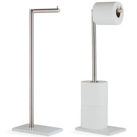 MARMOLUX ACC Free Standing Brushed Nickel Toilet Paper Holder Stand White Marble Base and Storage | 4 Jumbo Roll Bathroom Hardware Toilet Tissue Organizer | Stainless Steel Bathroom Decor Accessory