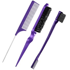 3 Pieces Comb Set for Teasing, Edge & Slick Back Brushing - Rat Tail & Edge Combs for Styling Women's Hair (Purple)