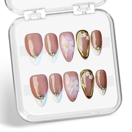 White French Tip Press on Nails Short Almond Fake Nails Handmade Press on Nails Flower False Nails Golden Embossed Designs Full Cover Muti-Layer Gel Stick on Nail Acrylic Nails for Women (Size S)