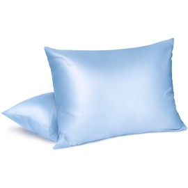 Fittia Satin Pillowcase 2 Pack, Silk Satin Pillow Cases for Hair and Skin with Zipper, Machine Washable, Light Blue, Standard, 20''x26''