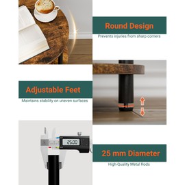 RISWER Round Side Table Living Room - Small Accent Table with 3 Tier Shelves, Rustic Wooden Couch End Table for Bedroom or Living Room, Reinforced Metal Legs, Easy to Assemble, Rustic Brown