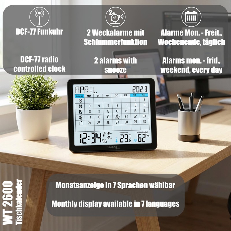 Technoline WT2600 Desk Calendar, Temperature Display, Humidity Display, Min/Max Display,