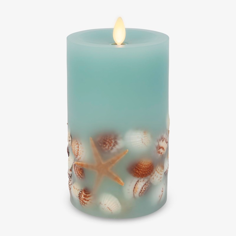Luminara Flameless LED Candle Soft Teal Embedded Seashell & Starfish