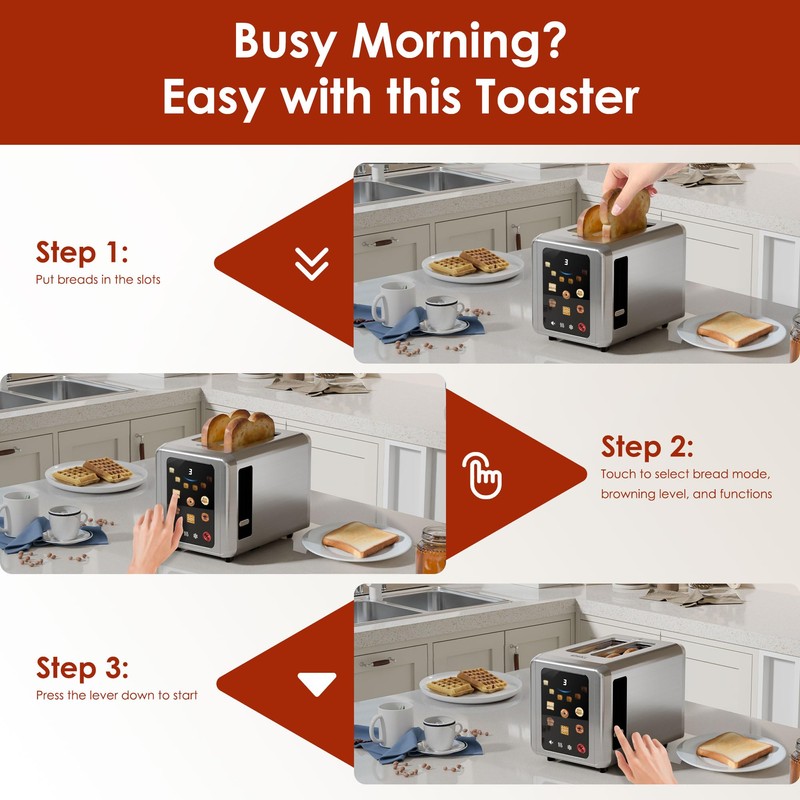 WHALL Full Touch Screen Toaster 2 Slice, 1.5'' Wide Slot
