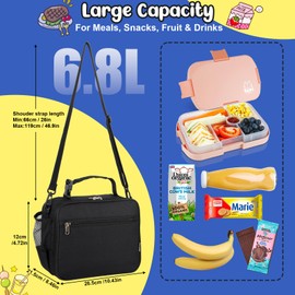 Homtibrm Insulated Lunch Bag, Kids Thermal Cool Bag with Adjustable Strap, Waterproof Lunch Box Bag for Adults Kids Boys Girls Work School Picnic (Black)