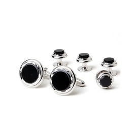EZ Tuxedo Genuine Onyx Stone with Silver Diamond Cut Rim Cufflinks and Studs