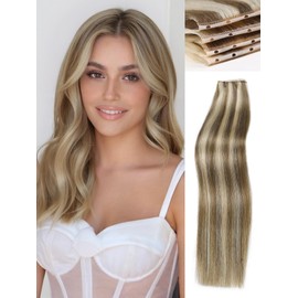 WIGNEE 100% Remy Double Weft Invisible PU OVO Human Hair Extensions 14 Inch Micro Beads Real Human Hair Extensions Blonde Ombre Genius Weft Hair Extensions Human Hair(9A/60)