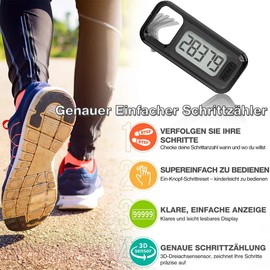 3D Simple Walking Pedometer, Portable Carabiner Pedometer Pedometer Pedometer with Neck Leash for Seniors Men Women (Black)
