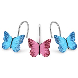 AGPTEK 12PCS Home Fashions Butterfly Anti Rust Decorative Resin Hooks for Bathroom Shower Curtain,Bedroom,Living Room Curtain-Pink and Blue