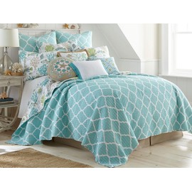 Levtex home - Calafel Quilt Set - Full/Queen Quilt + Two Standard Pillow Shams - Seaglass Coastal - Green Taupe Turquoise - Quilt Size (88x92in.) and Pillow Sham Size (26x20in.) - Reversible - Cotton