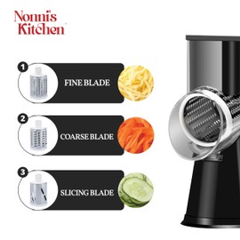 Rotary Cheese Grater Hand Crank - Counter Top 3 Blade Manual Cheese Shredder with Reinforced Suction, 3 Interchangeable Drums, Easy to Use Vegetable Chopper, Round Mandoline Slicer, Black